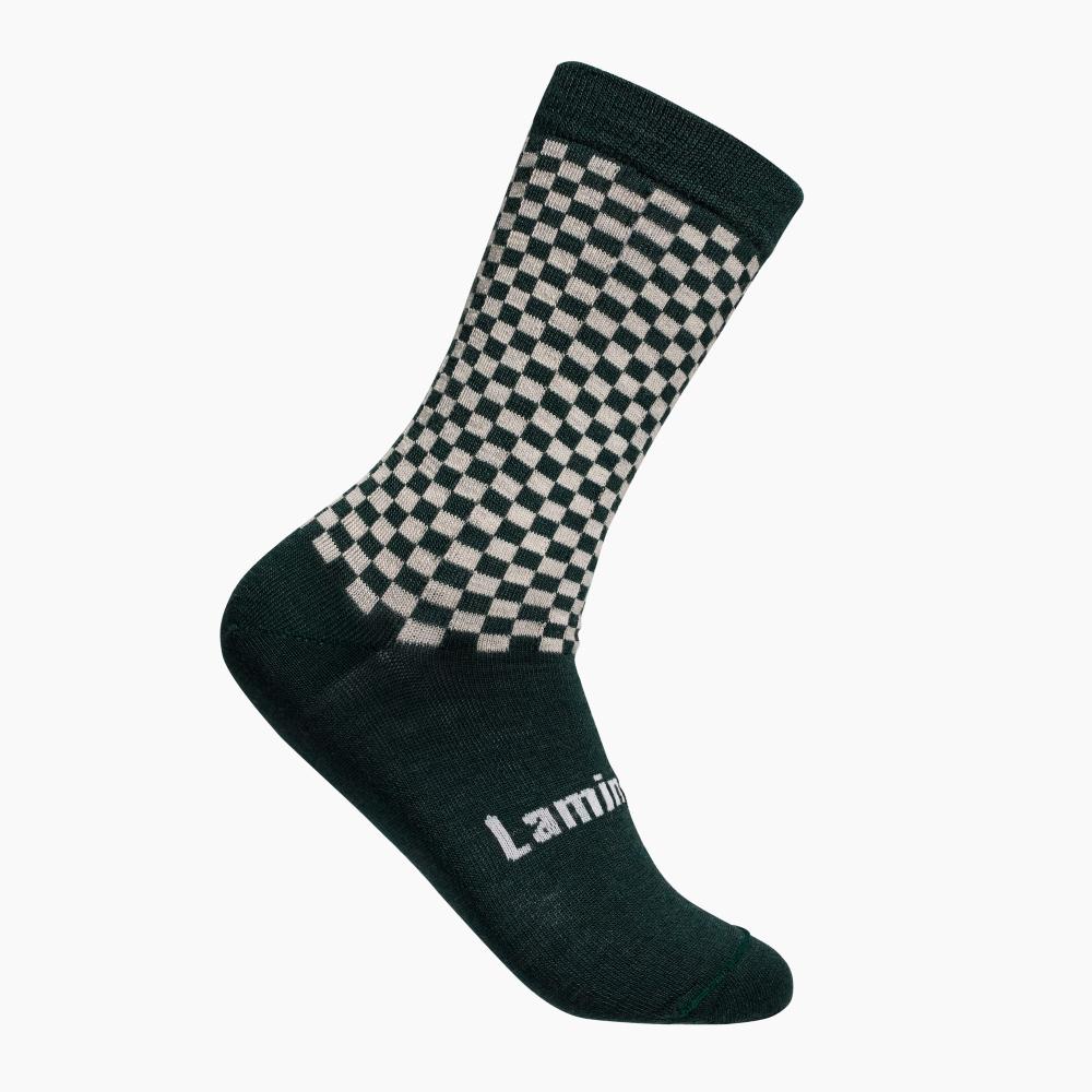 Check merino crew socks on a white background