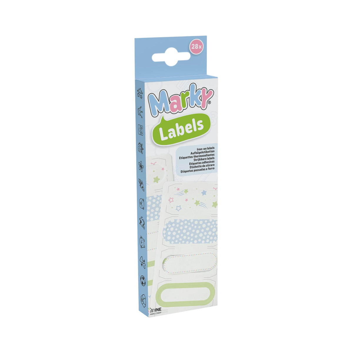 Iron On labels for DIY Marky packaging on a white background