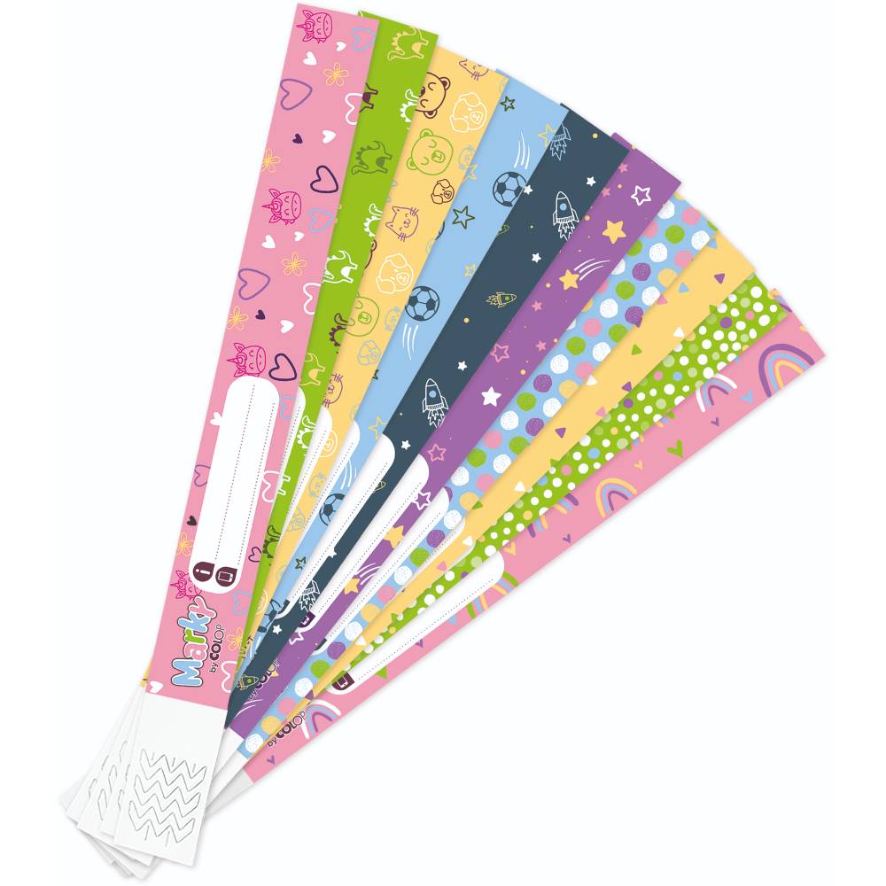 Set of colorful paper wristbands with various patterns on a white background