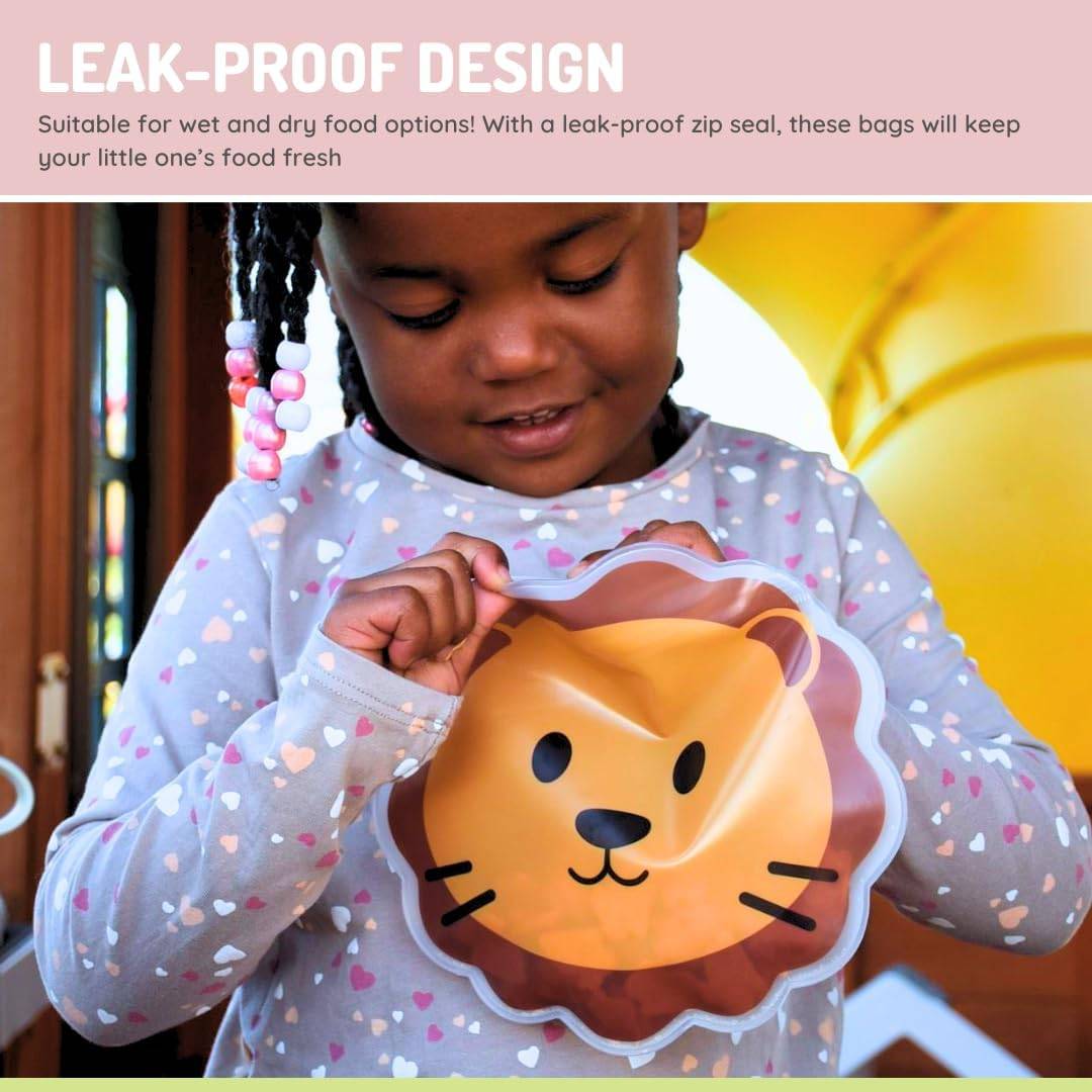 Child holding a leak-proof food bag with a lion design, suitable for wet and dry food options.