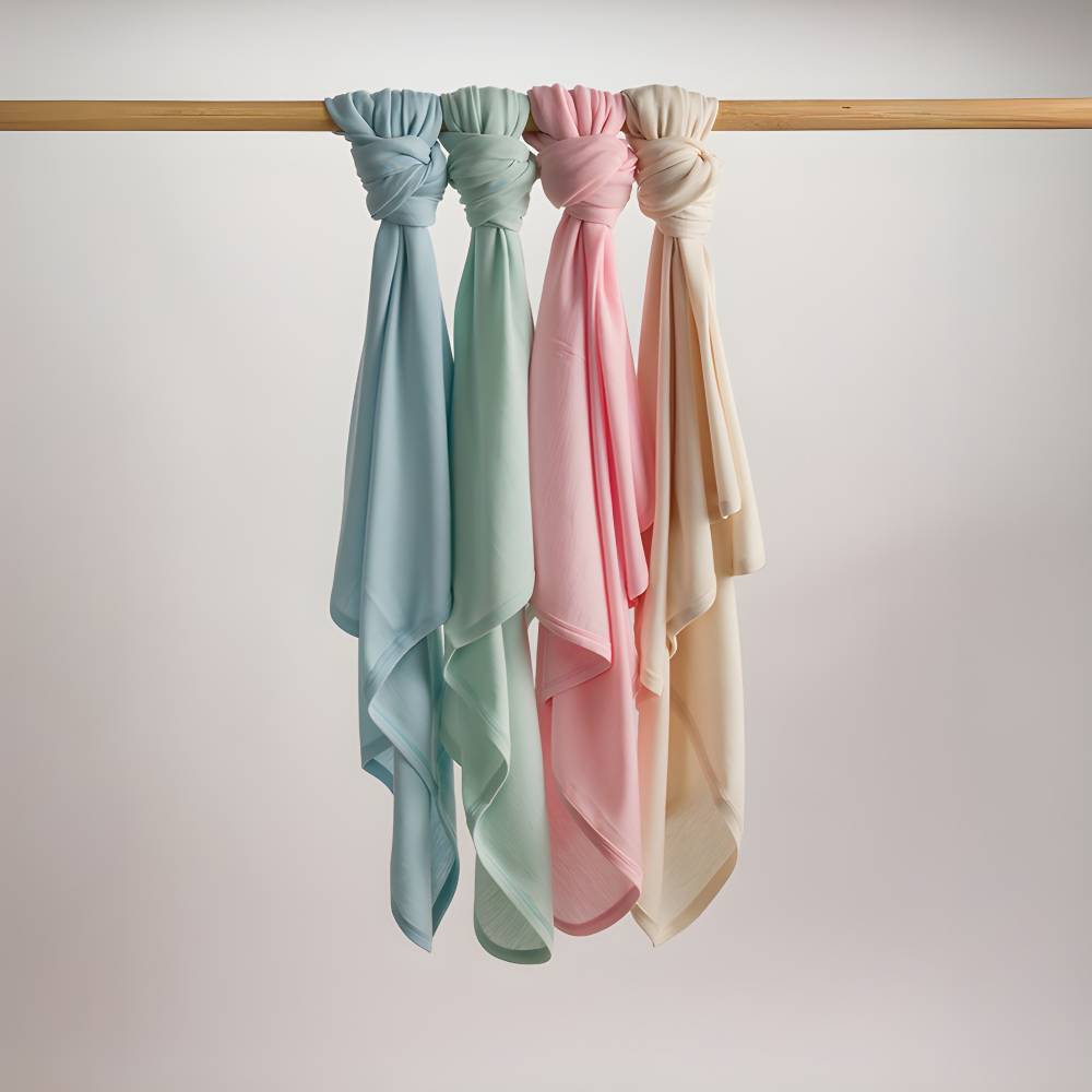 Three pastel-colored deluxe merino rib blankets hanging on a wooden rod against a light background