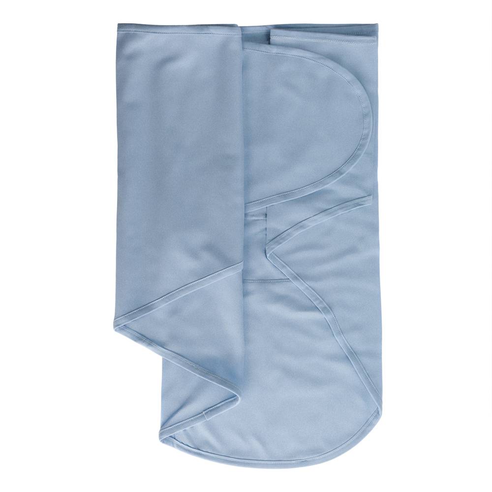 Miracle blanket swaddle in light blue fabric on a white background