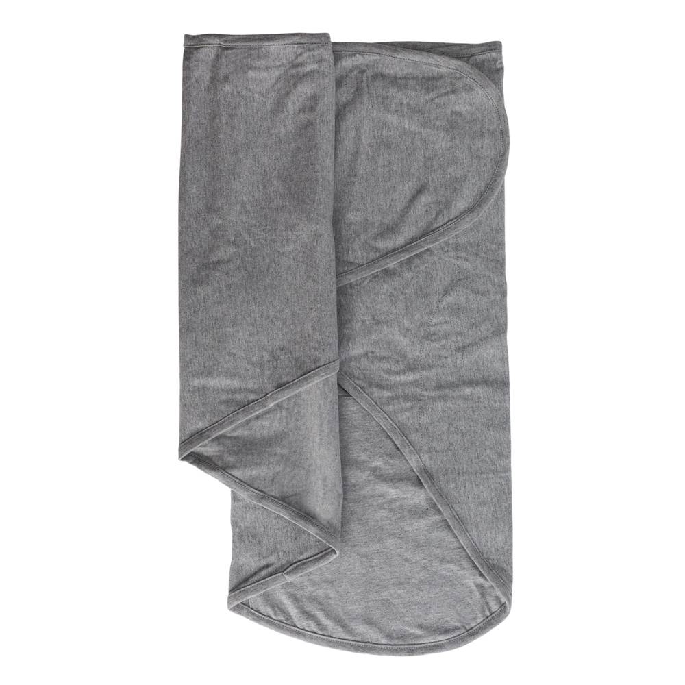 Grey fabric of a miracle blanket folded into a rectangular shape on a white background