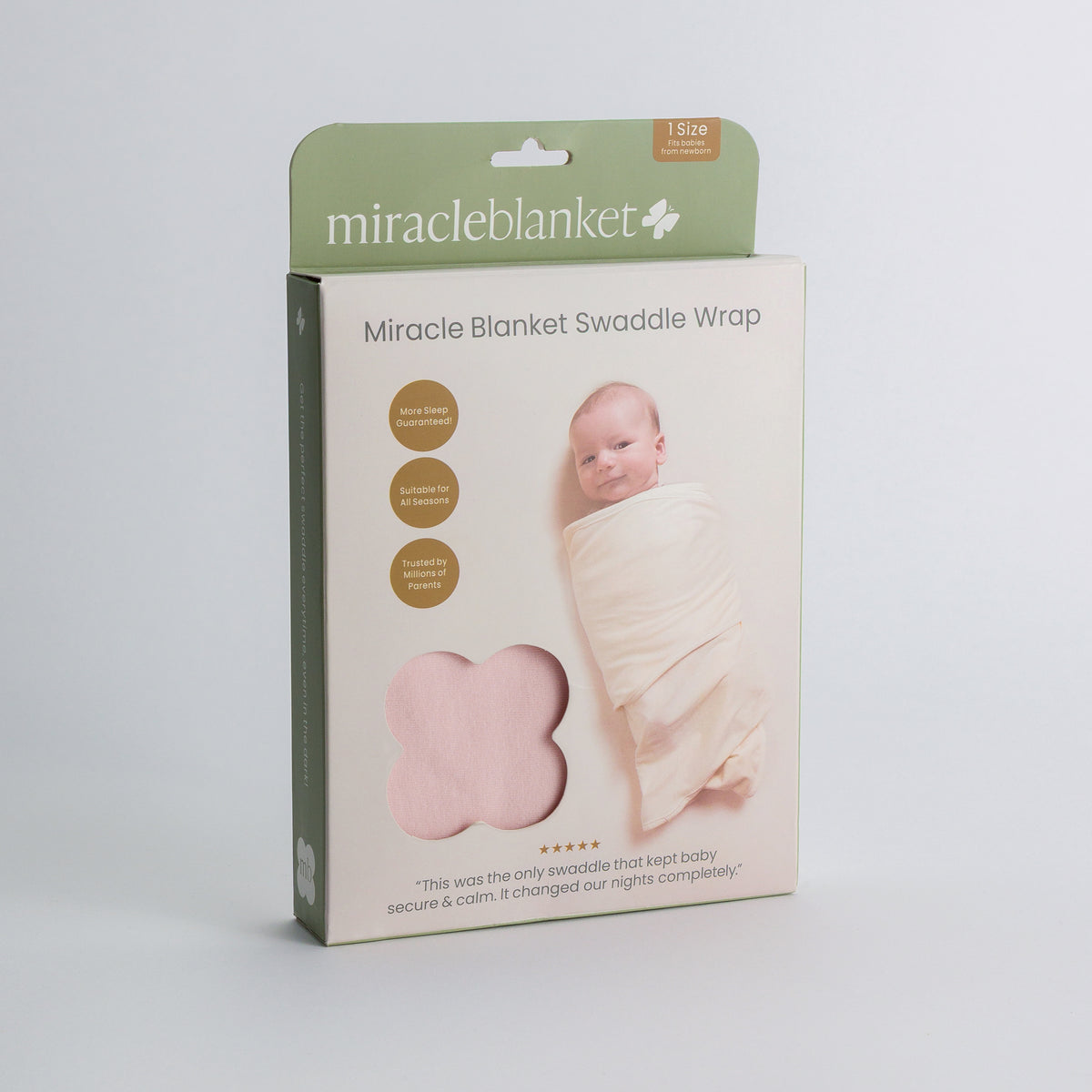 Package of Miracle Blanket Swaddle Wrap with baby image on a white background