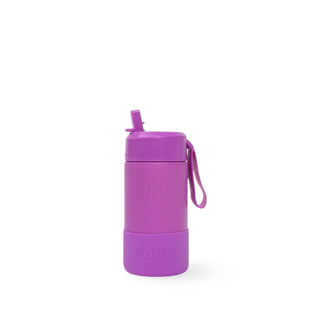 purple complete Montiico flip top straw stainless steel water bottle with silicone bumper