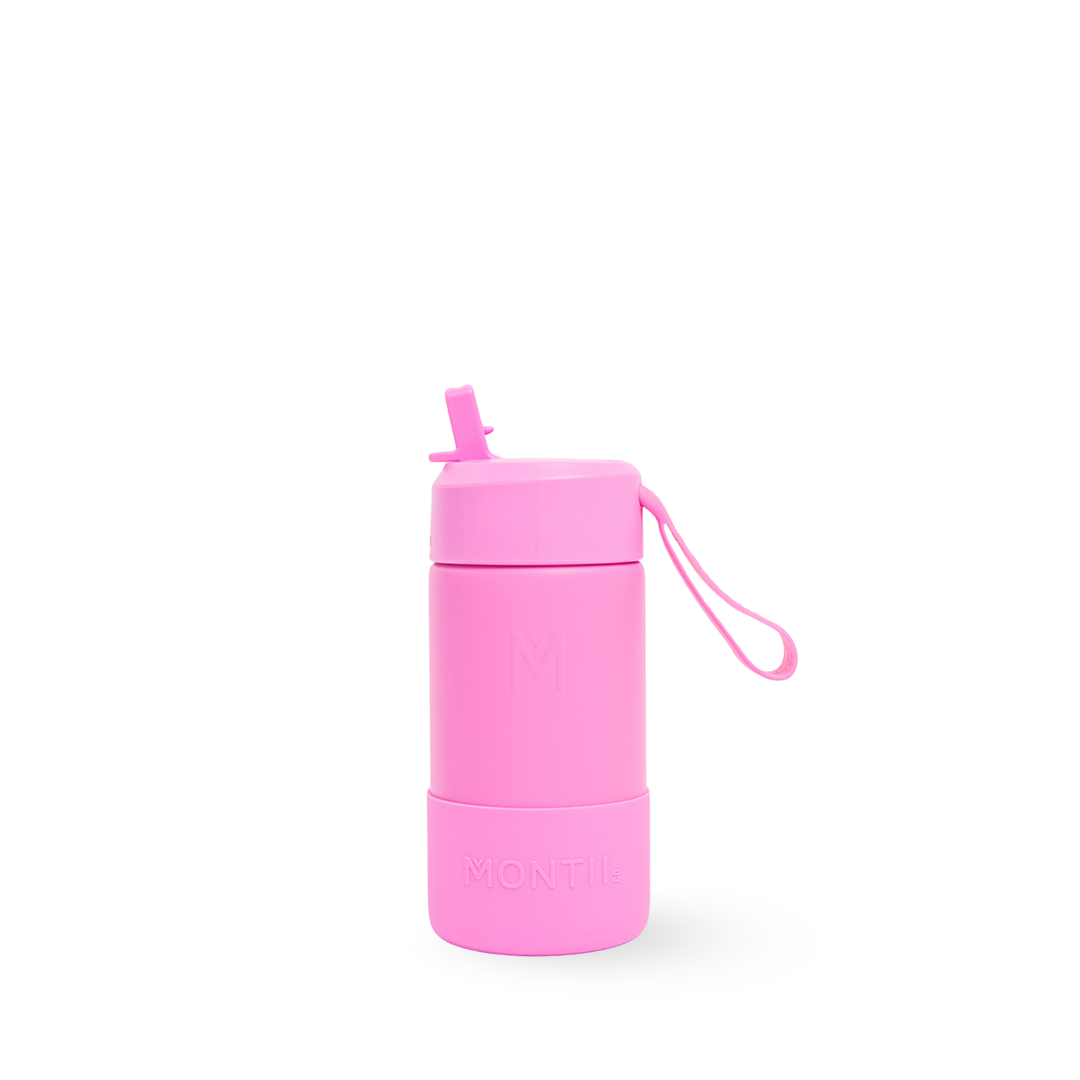 Pink water bottle with a straw sipper on a white background