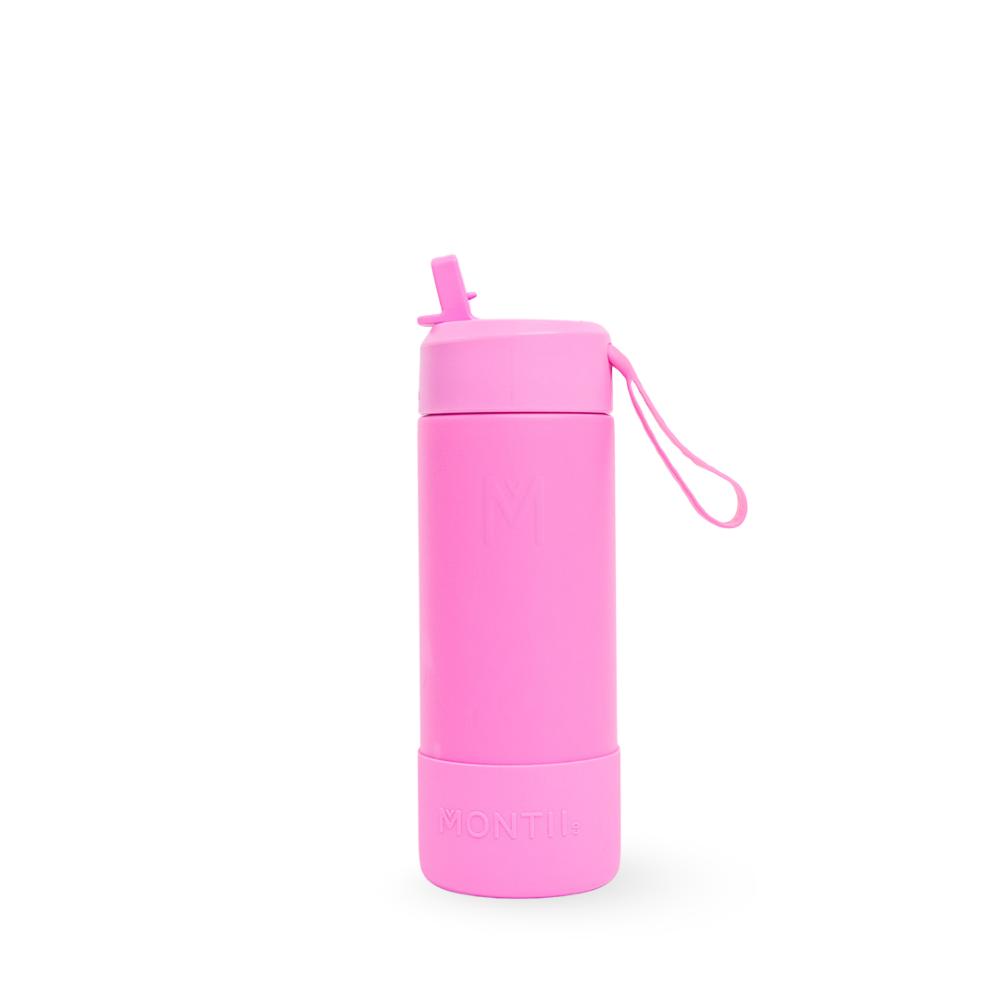 Pink complete Montiico flip top straw stainless steel water bottle with silicone bumper