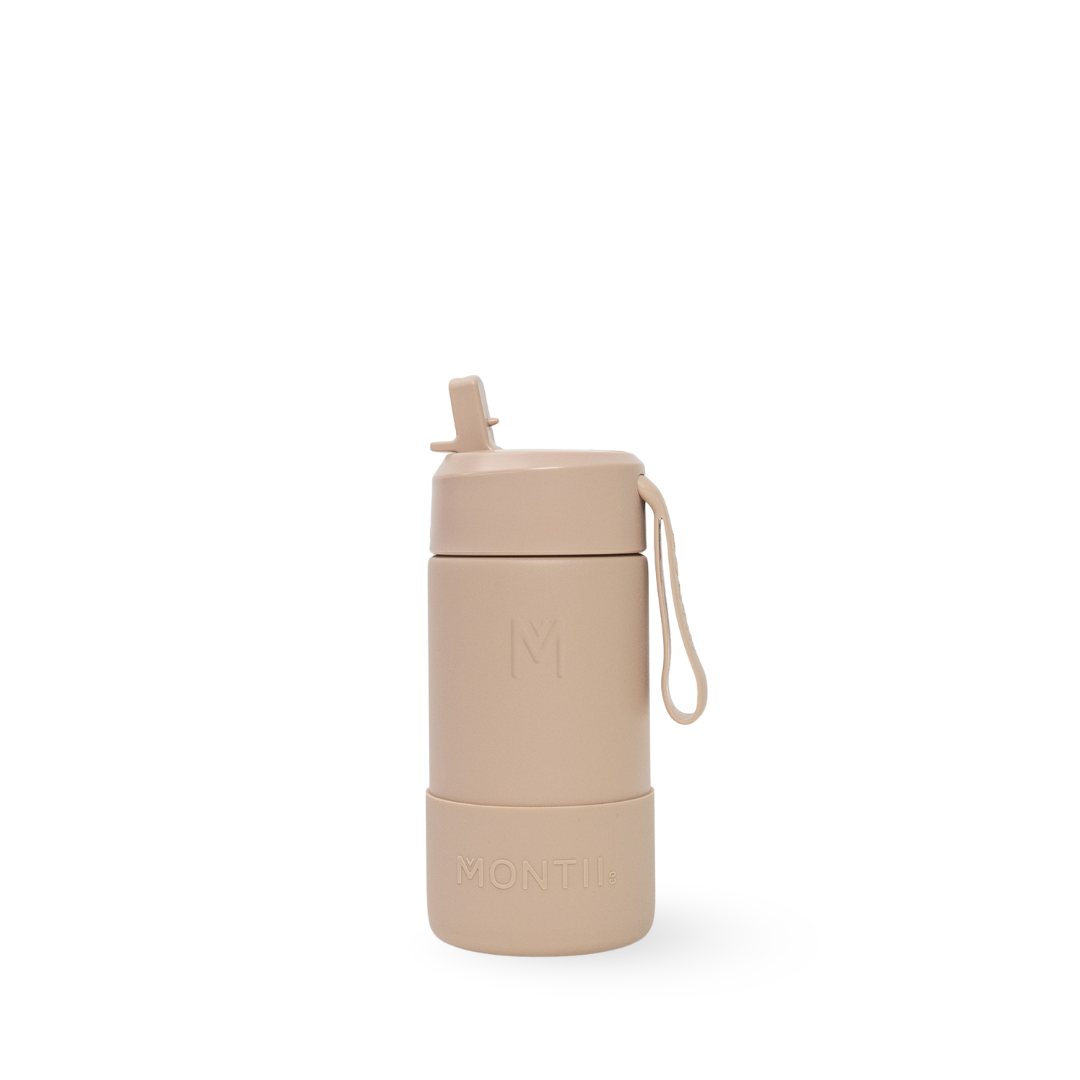 beige complete Montiico flip top straw stainless steel water bottle with silicone bumper