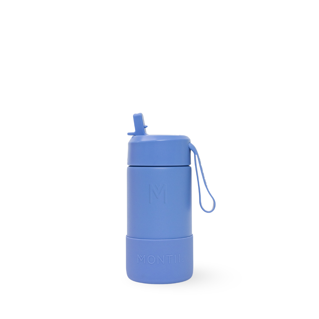 blue complete Montiico flip top straw stainless steel water bottle with silicone bumper