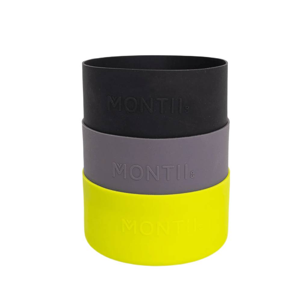 black grey and yellow large Montiico silicone bumpers for 1l bottles