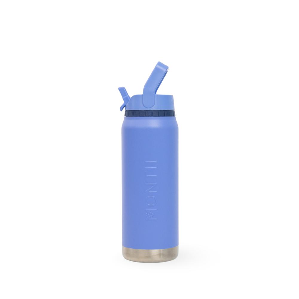 A light blue insulated water bottle with a flip-top lid and a brushed silver metal base, shown on a clean white background.