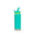 A turquoise insulated water bottle with a matching flip-top lid, a yellow band around the neck, and a brushed stainless steel base, shown on a plain white background.