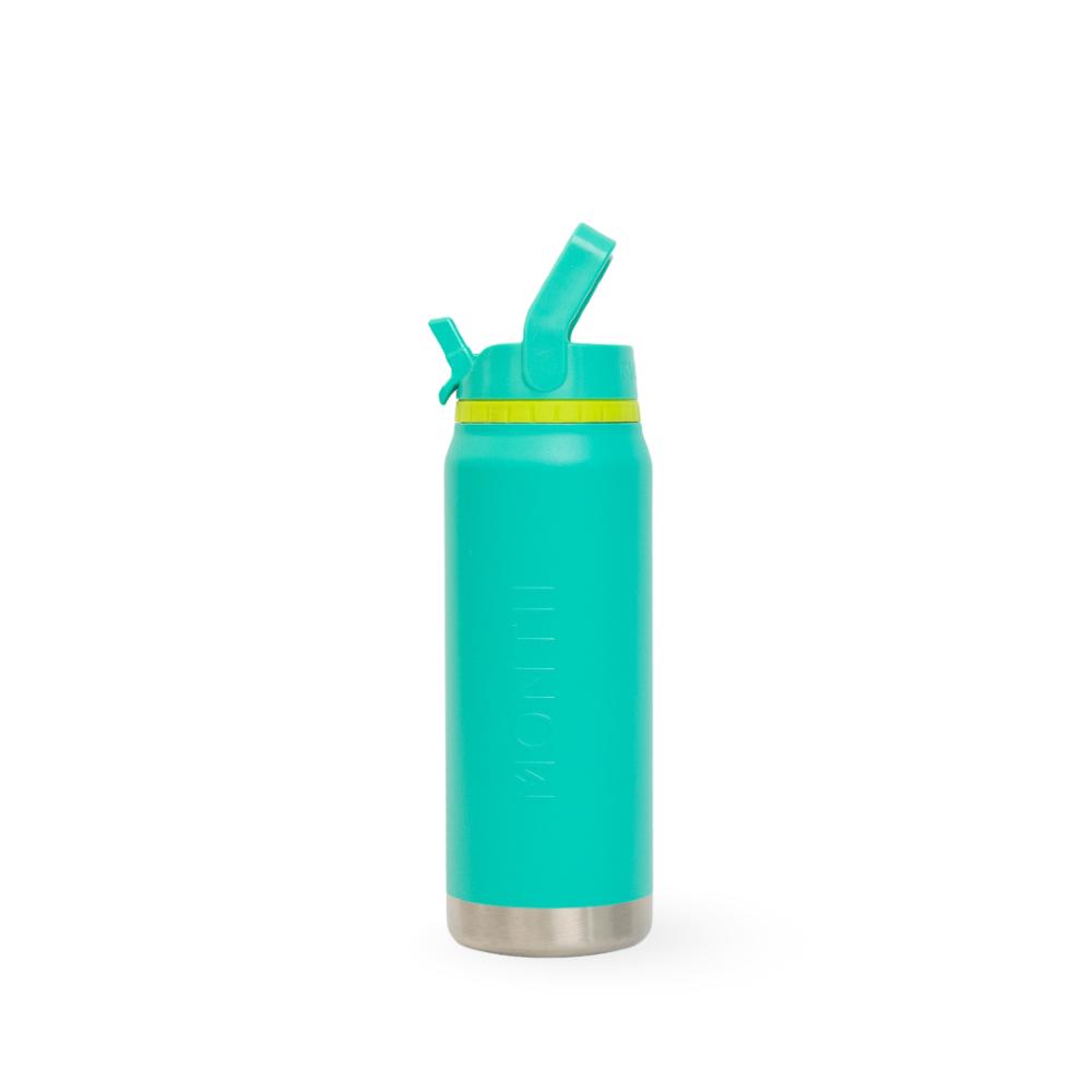 A turquoise insulated water bottle with a matching flip-top lid, a yellow band around the neck, and a brushed stainless steel base, shown on a plain white background.