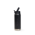 Black water bottle with straw lid on a white background