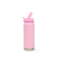 A pink insulated water bottle with a matching pink flip-top lid and a silver stainless steel base, shown on a clean white background.