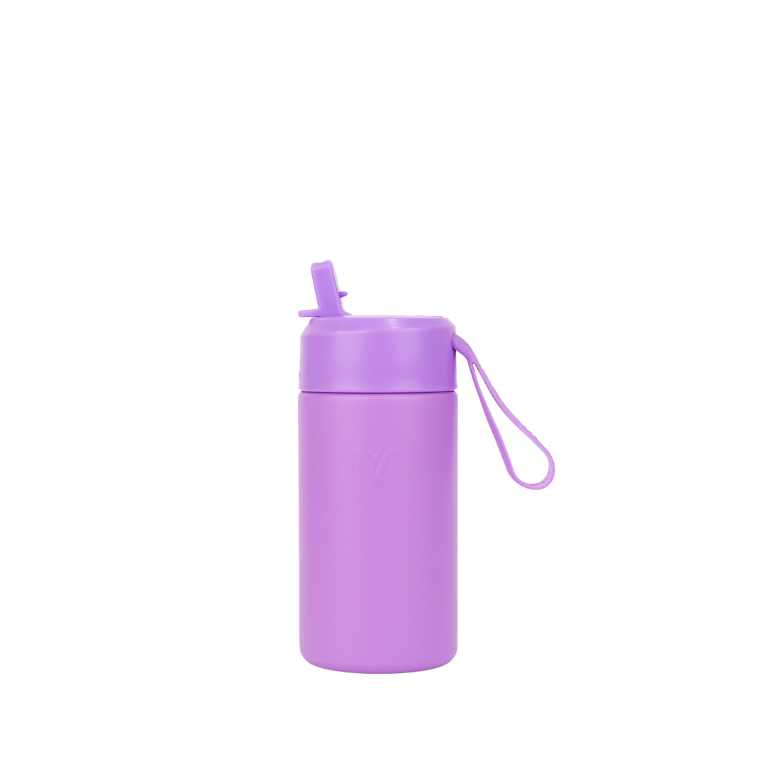 purple complete Montiico flip top straw stainless steel water bottle with silicone bumper