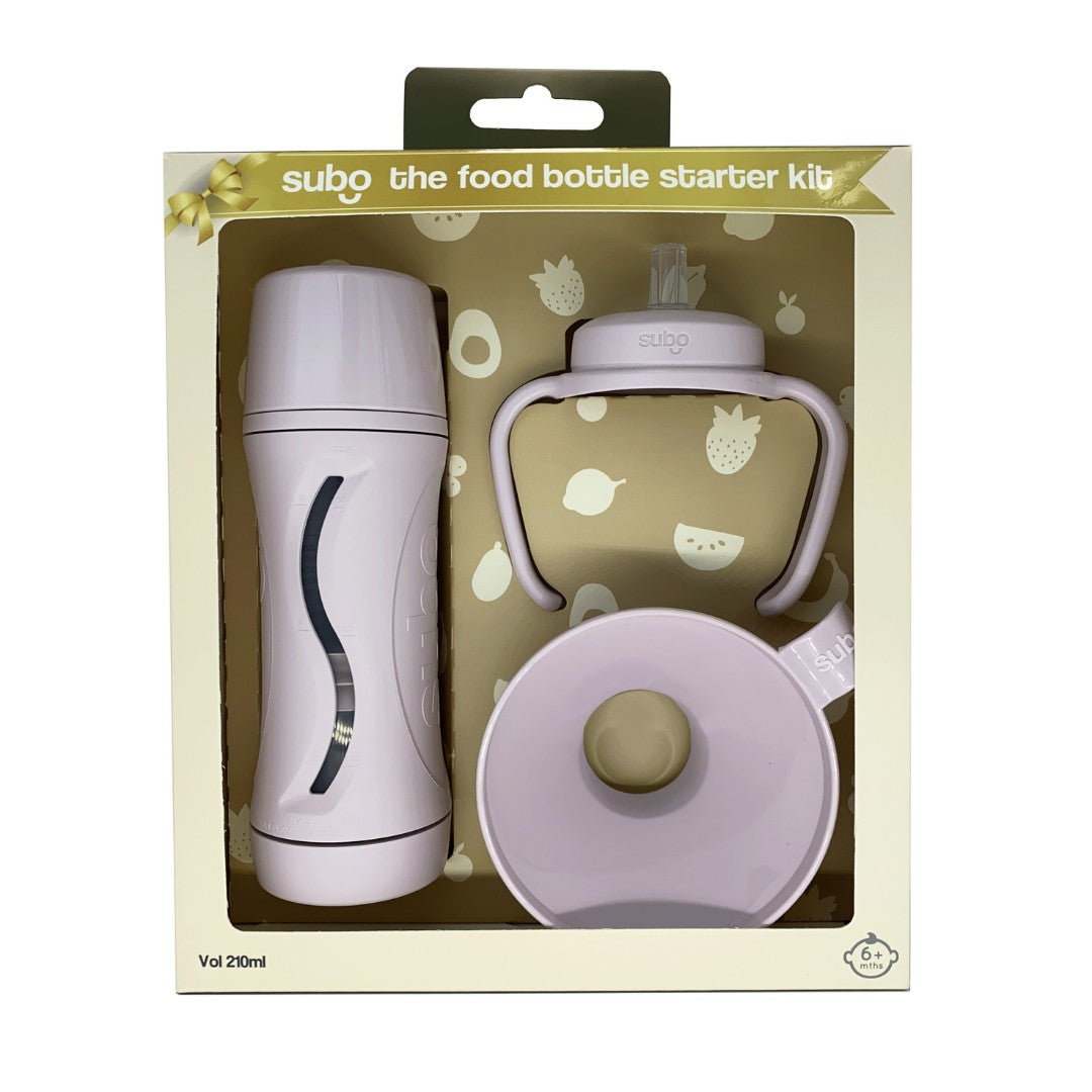 Subo food bottle starter kit packaging with lavender bottles on a beige background
