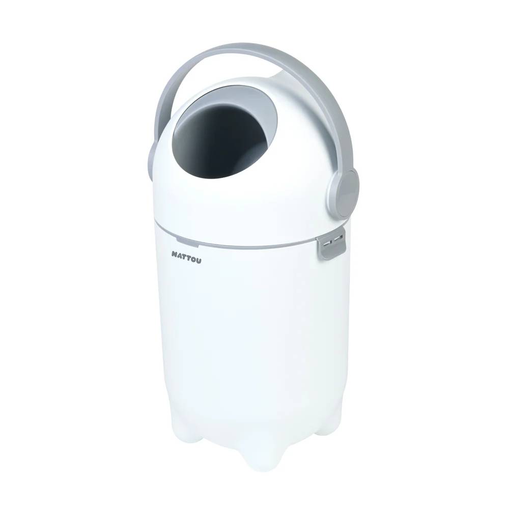 White nappy bin with gray handle on a white background