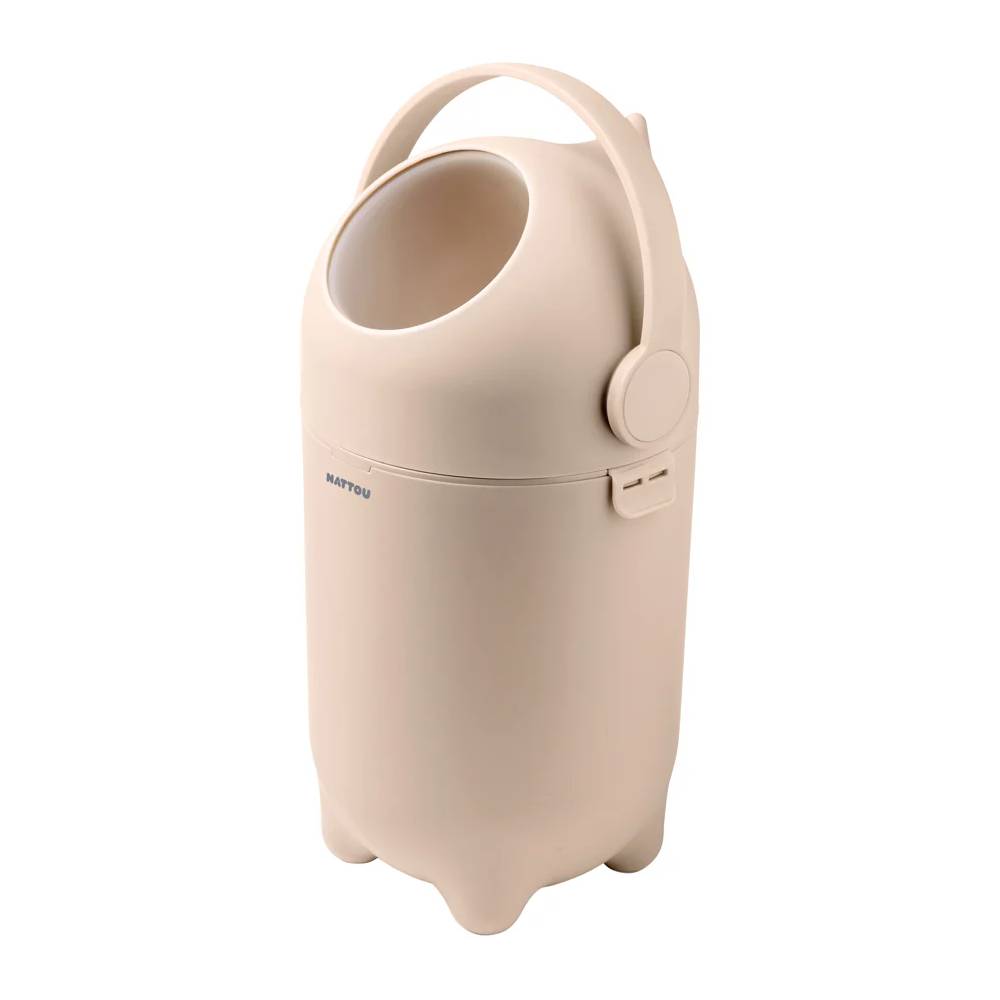 Beige nappy bin with handle on a white background