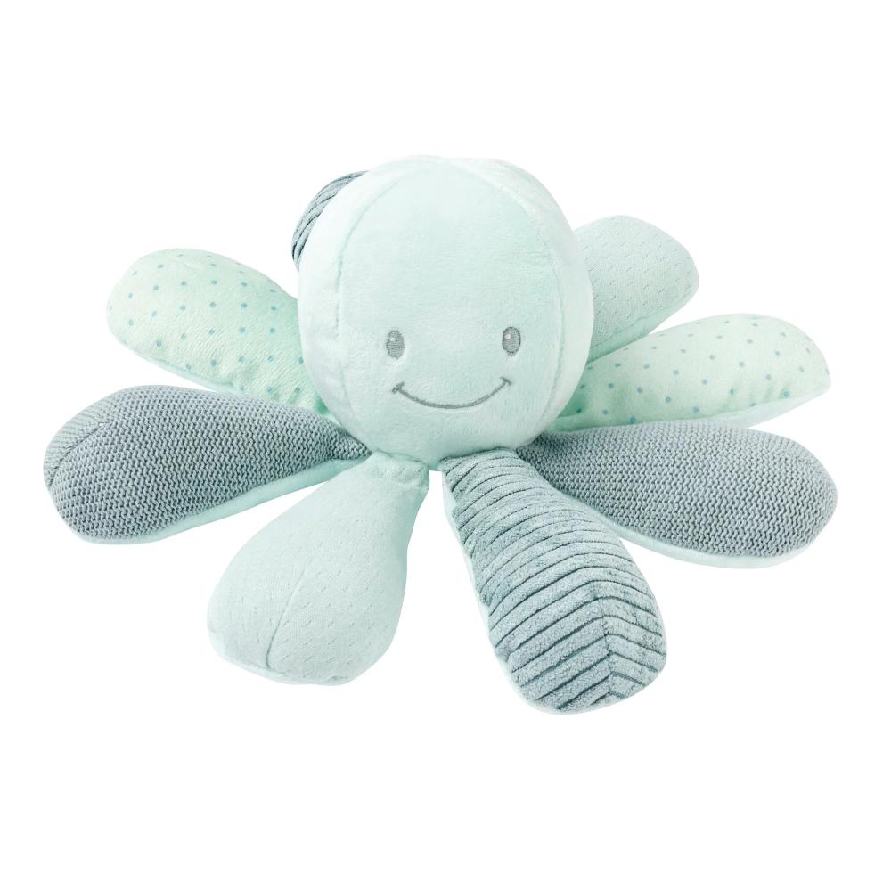 Octopus shaped plush toy with a smiling face on a white background