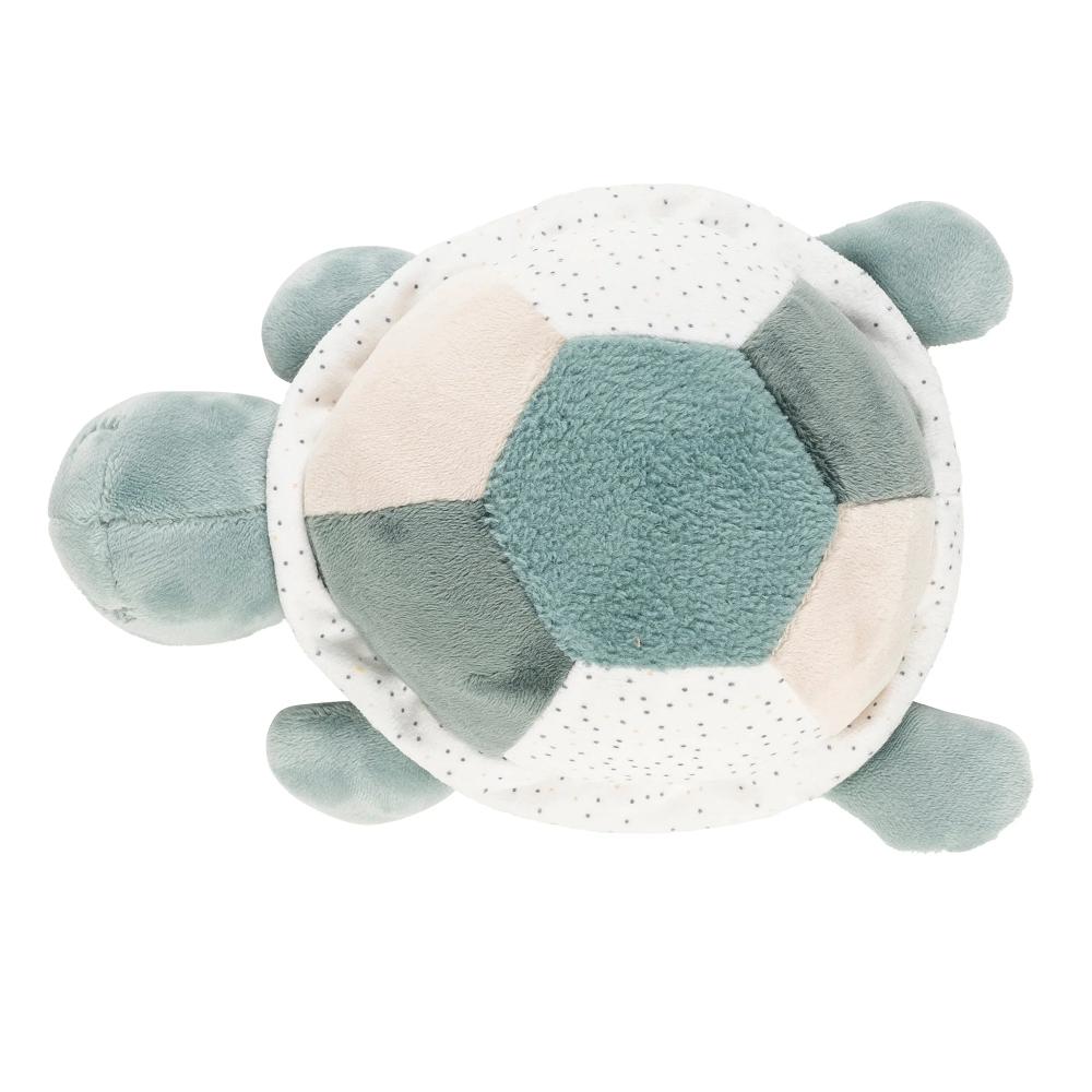 Plush turtle toy with green and beige pattern on a white background