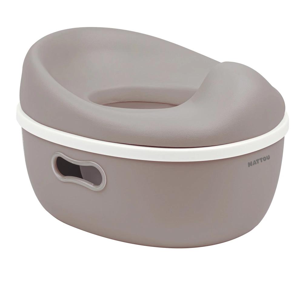 Taupe potty seat with white rim on a white background