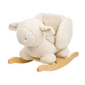Plush lamb toy on a wooden rocking base against a white background