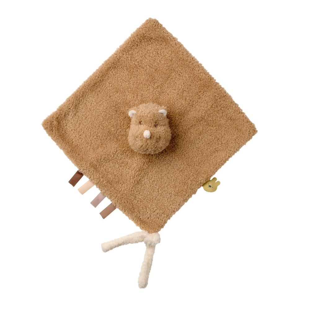 Brown soft Rhino toy with a face on a white background