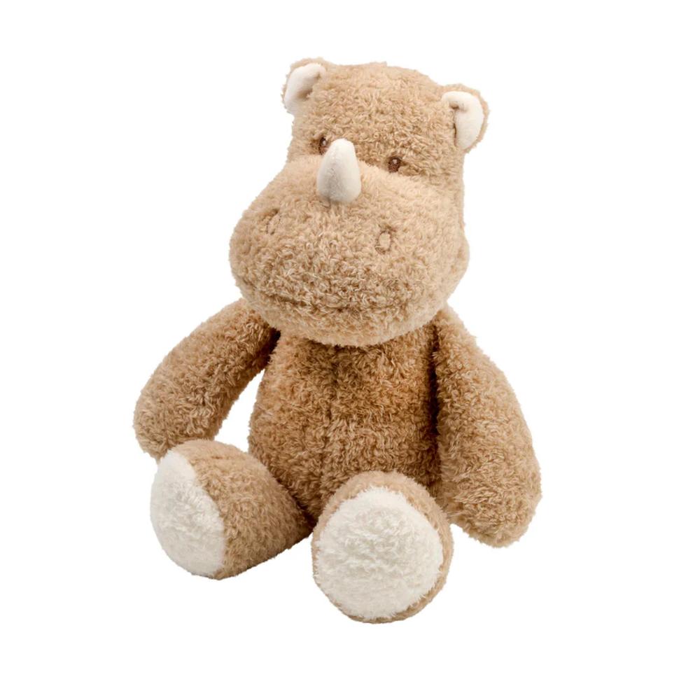 Plush toy rhino with a white snout on a white background