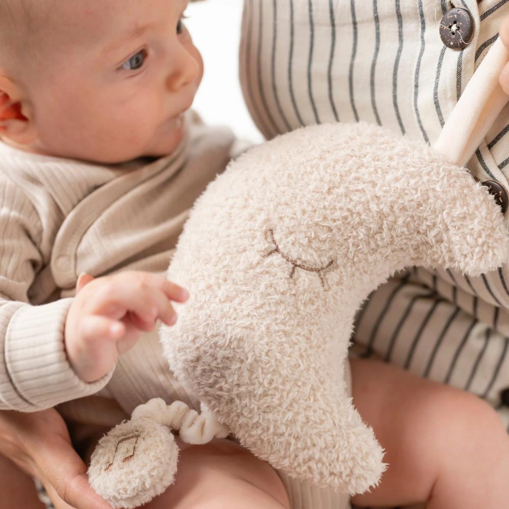 Baby interacting with a soft toy, held by an adult