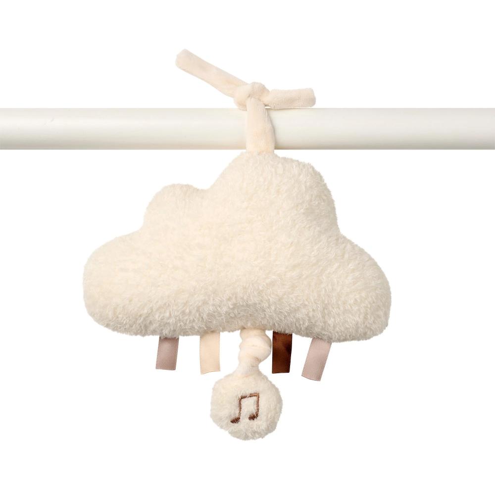White fluffy cloud-shaped baby mobile with musical notes on a white background