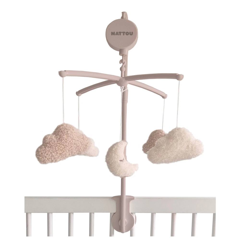 Baby mobile with cloud-shaped hanging toys on a white background