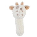 Plush giraffe rattle toy on a white background