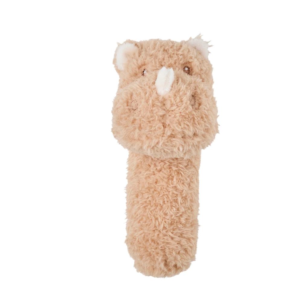 Plush rattle toy shaped like a rhino on a white background