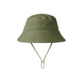 A green cotton bucket sunhat on a white background. 