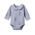 Light blue baby bodysuit with bluebell floral pattern with red bows on a white background