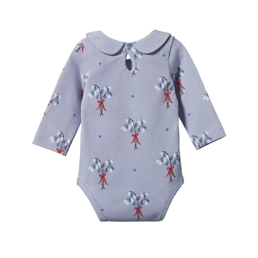 Light blue Baby onesie with collar and floral pattern on a white background