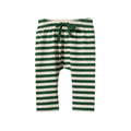 Green and white striped baby pants with a drawstring on a white background