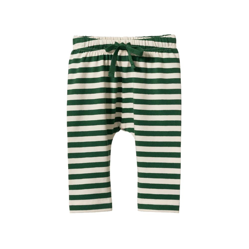 Green and white striped baby pants with a drawstring on a white background