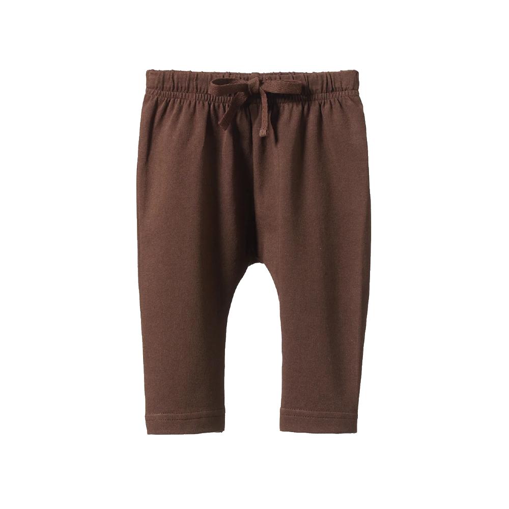 Brown Nature Baby pants with a drawstring on a white background