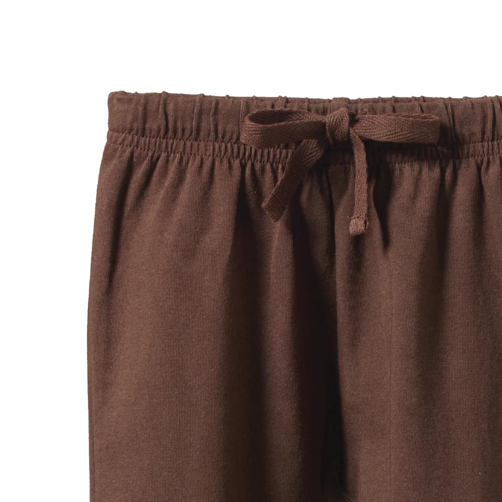 Close-Up of Brown Nature Baby pants with a drawstring on a white background