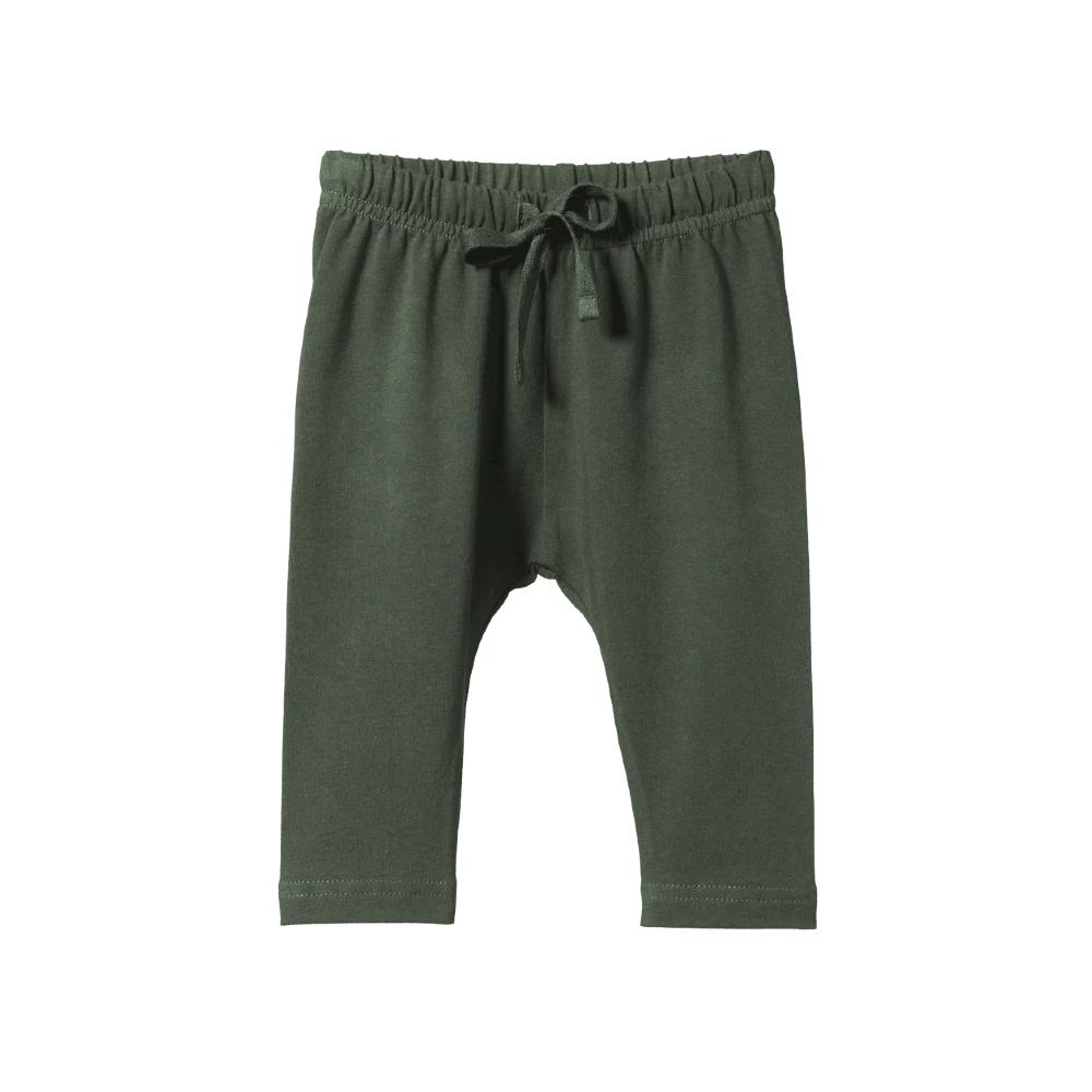 Forest Green baby pants with a drawstring on a white background