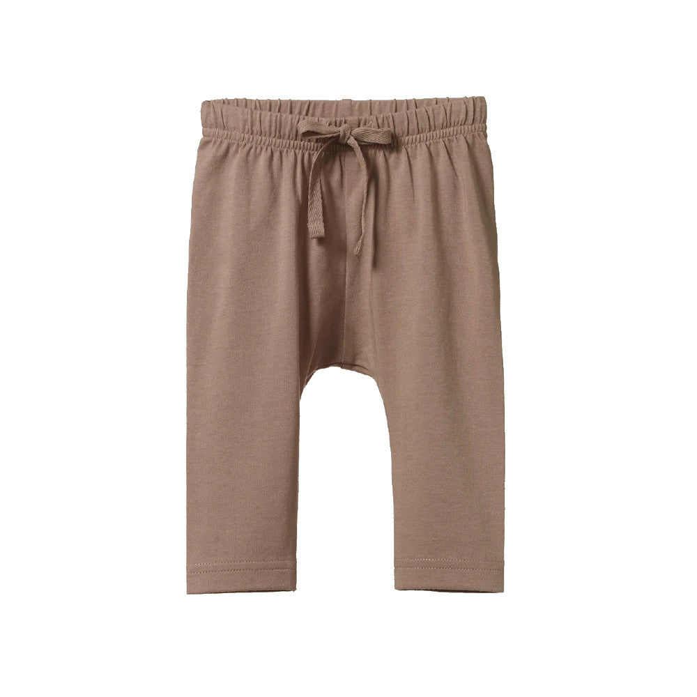 A pair of toddler or baby pants in a solid taupe-brown color, featuring an elastic waistband and a matching drawstring, shown against a plain white background.