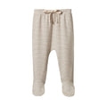 Cream and brown striped footed baby pants with a drawstring on a white background
