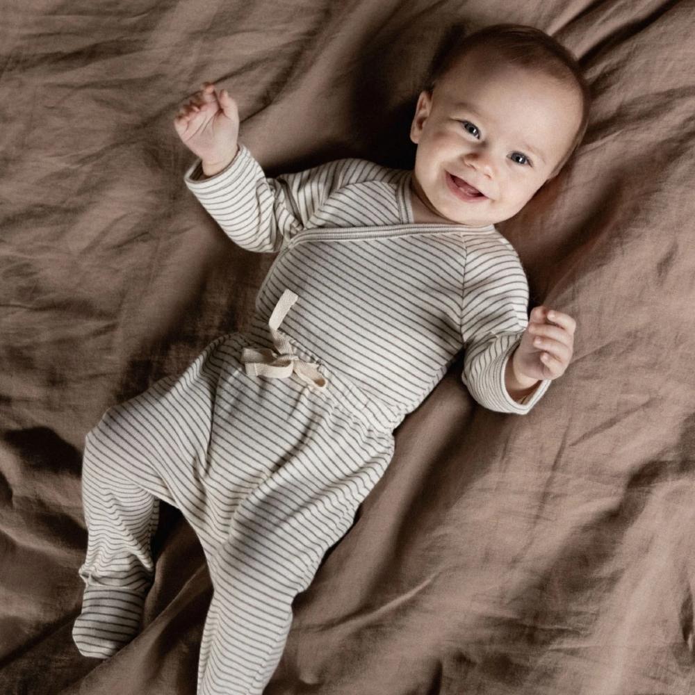 Cotton Footed Romper - Mushroom Pinstripe