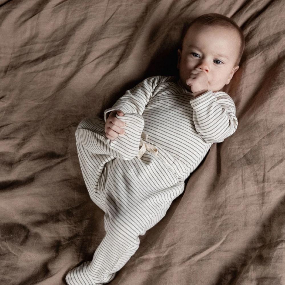 Cotton Footed Romper - Mushroom Pinstripe