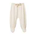 Cream footed baby pants with drawstring on a white background
