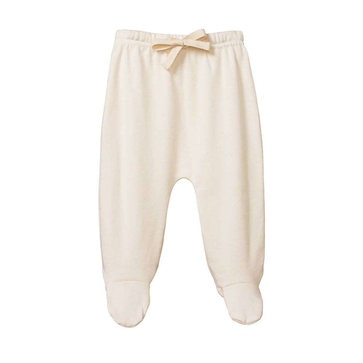 Cream footed baby pants with drawstring on a white background