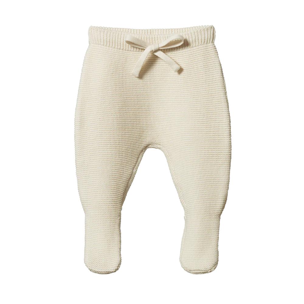 Cream knitted baby pants with a drawstring on a white background