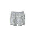 A pair of children's shorts featuring a light blue and cream gingham checkered pattern, displayed flat against a solid white background.